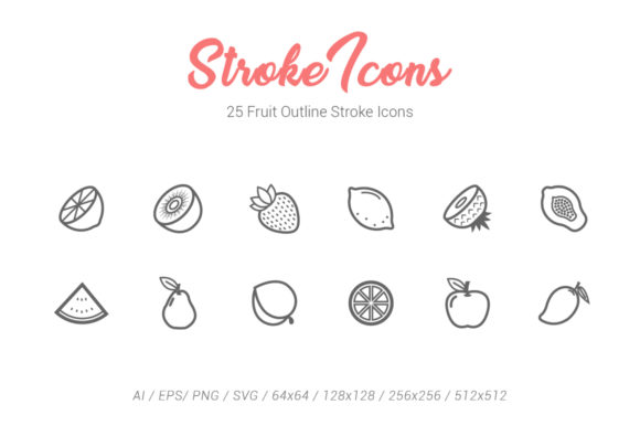 25 Fruit Outline Stroke Icons for Graphics and Icons